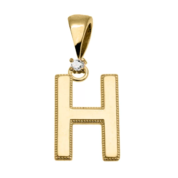 Yellow Gold High Polish Milgrain Solitaire Diamond "H" Initial Pendant Necklace