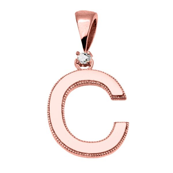 Rose Gold High Polish Milgrain Solitaire Diamond "C" Initial Pendant Necklace