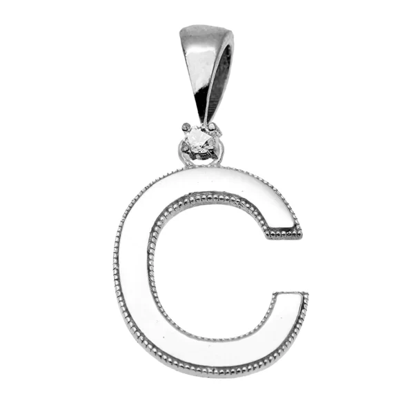White Gold High Polish Milgrain Solitaire Diamond "C" Initial Pendant Necklace