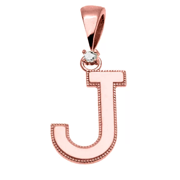 Rose Gold High Polish Milgrain Solitaire Diamond "J" Initial Pendant Necklace