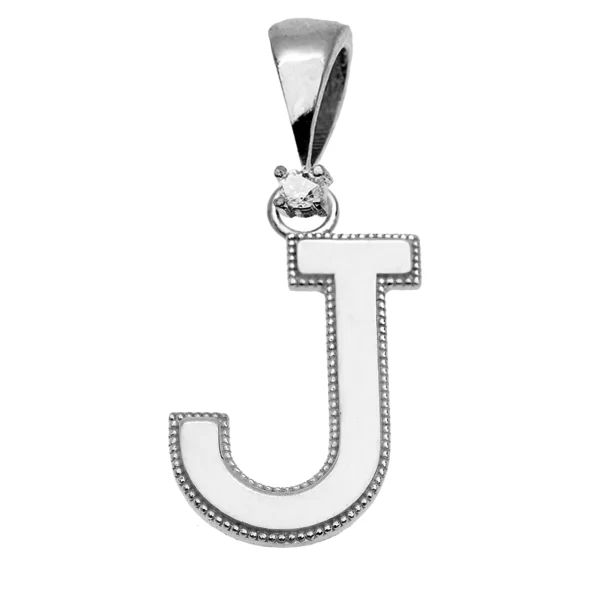 White Gold High Polish Milgrain Solitaire Diamond "J" Initial Pendant Necklace