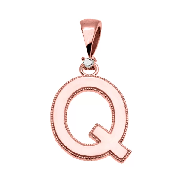 Rose Gold High Polish Milgrain Solitaire Diamond "Q" Initial Pendant Necklace