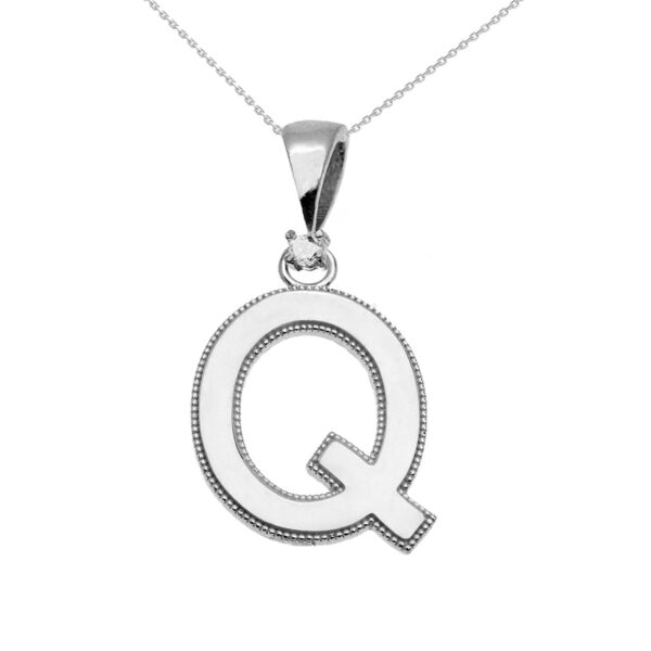 White Gold High Polish Milgrain Solitaire Diamond "Q" Initial Pendant Necklace