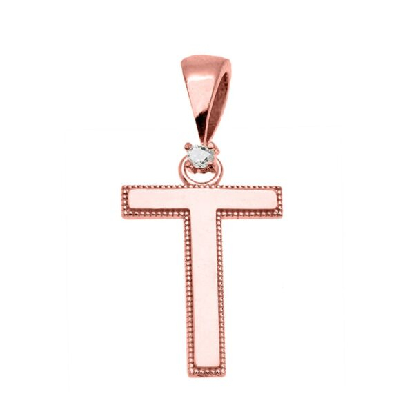 Rose Gold High Polish Milgrain Solitaire Diamond "T" Initial Pendant Necklace