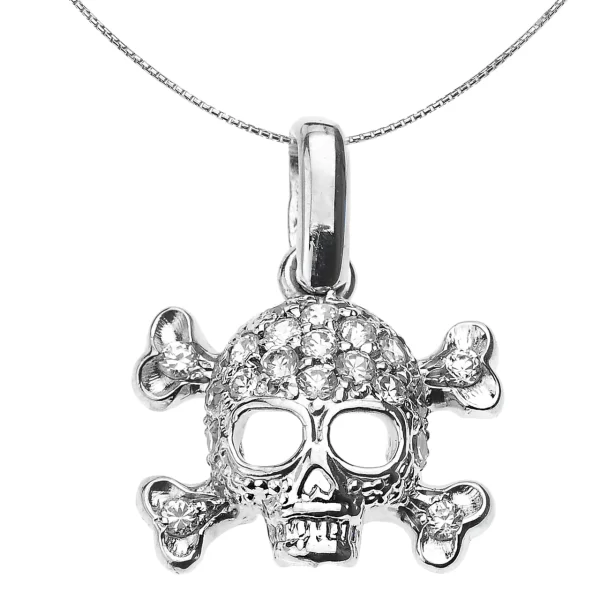 Sterling Silver Skull And Bones Pendant Necklace With White Cz