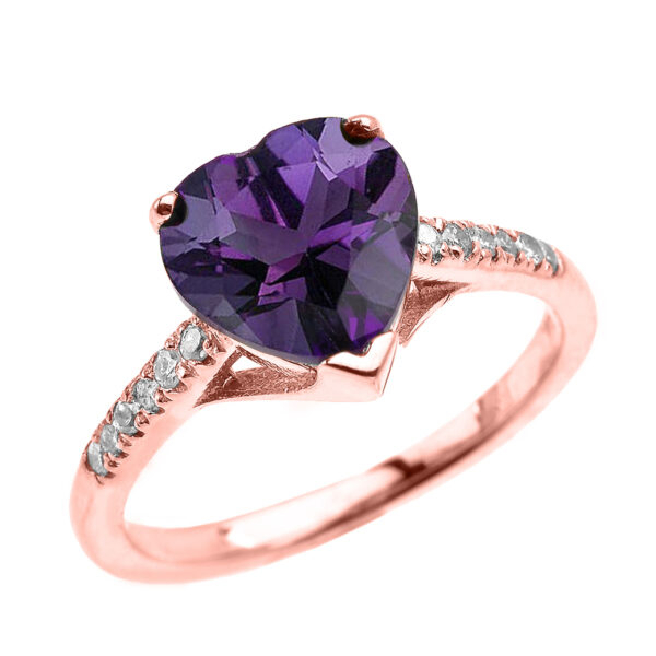 Rose Gold Solitaire Heart Amethyst And Diamond Engagement Proposal Ring