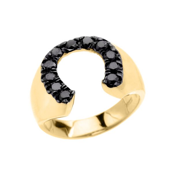 Yellow Gold Black Cz Horseshoe Lucky Men's Ring