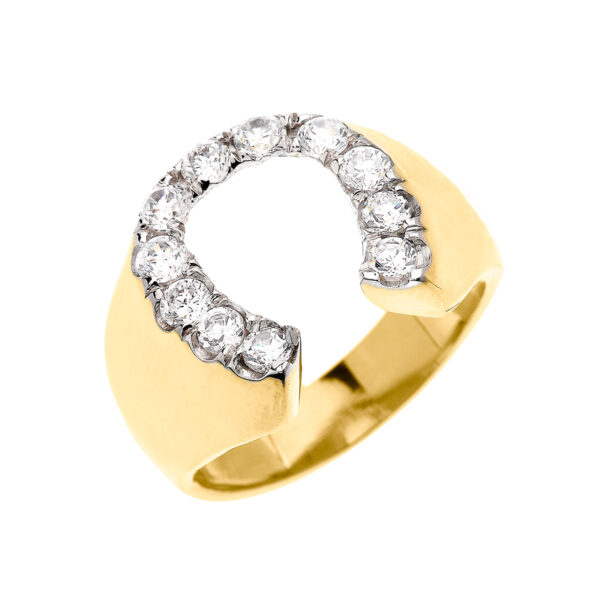 Yellow Gold Cubic Zirconia Horseshoe Lucky Men's Ring