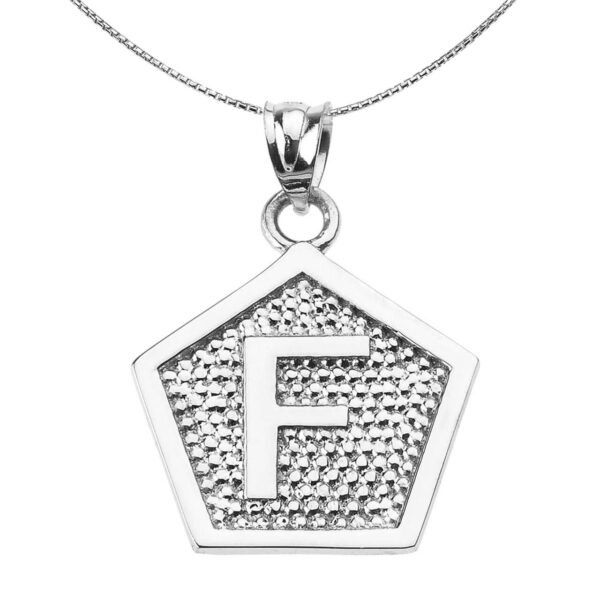 Sterling Silver Initial "F" Engravable Pentagon Shape Pendant Necklace