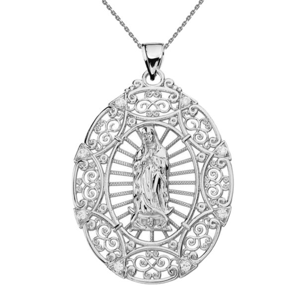 White Gold Diamond Our Lady of Guadalupe Pendant Necklace