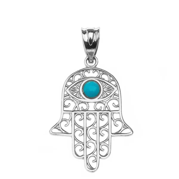 925 Sterling Silver Hamsa Hand With Turquoise Evil Eye Pendant Necklace - Image 3