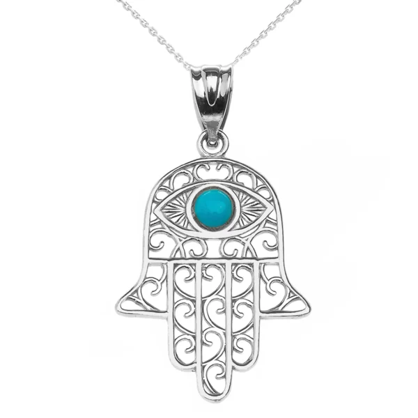 925 Sterling Silver Hamsa Hand With Turquoise Evil Eye Pendant Necklace