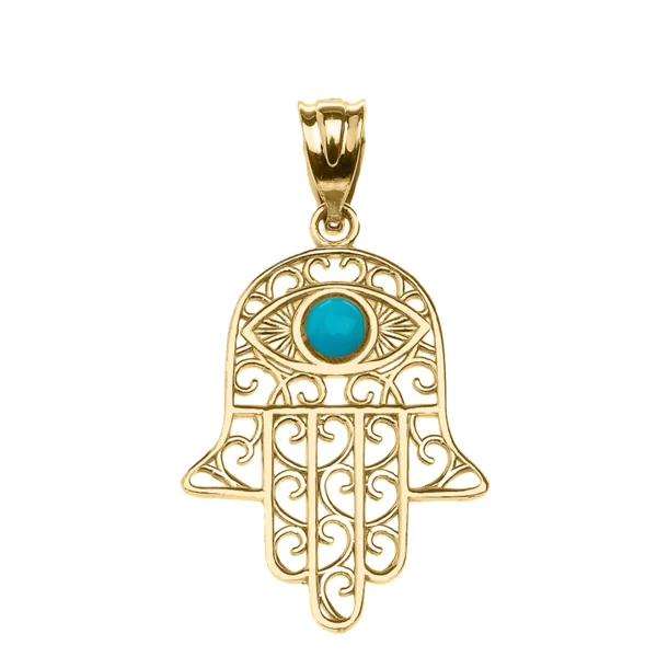 Yellow Gold Hamsa Hand With Hamsa Hand With Turquoise Evil Eye Pendant Necklace - Image 2