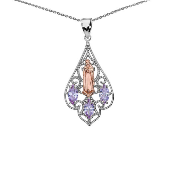 Two-Tone Our Lady of Guadalupe Filigree Pendant Necklace With Lavender CZ