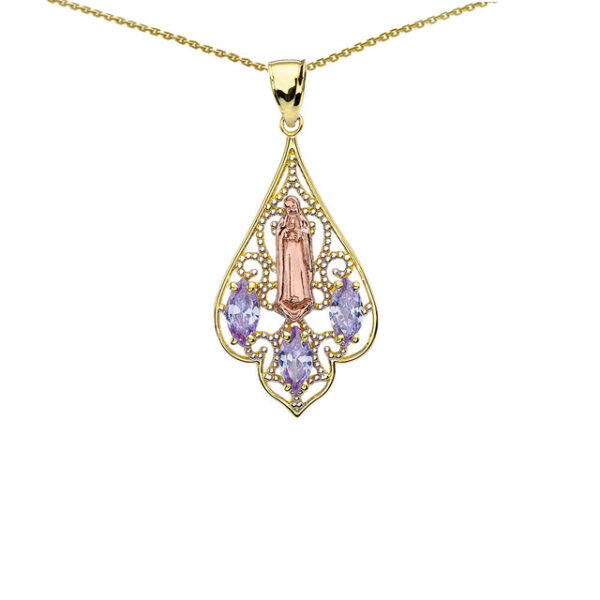 Yellow Gold Our Lady of Guadalupe Filigree Tri-Tone Pendant Necklace With Lavender CZ