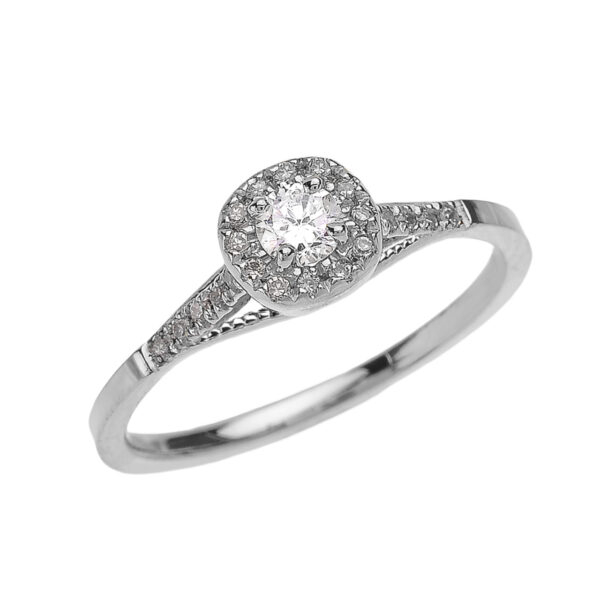 White Gold Cushion Shape Halo Diamond Engagement Milgrain Design Ring