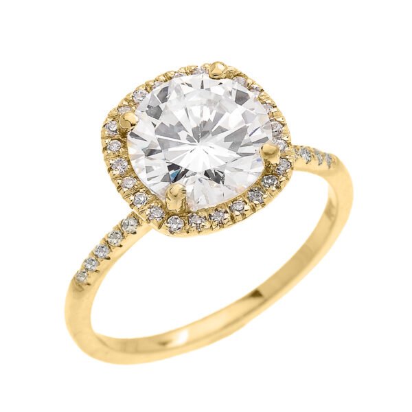 Cushion Shape Cubic Zirconia Center & Diamond Halo Micropave Engagement Ring In Yellow Gold