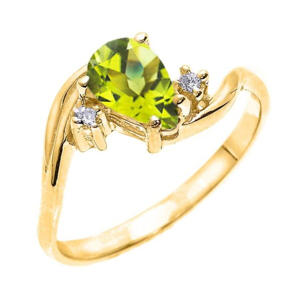 Yellow Gold Pear Shaped Peridot And Diamond Proposal Ring