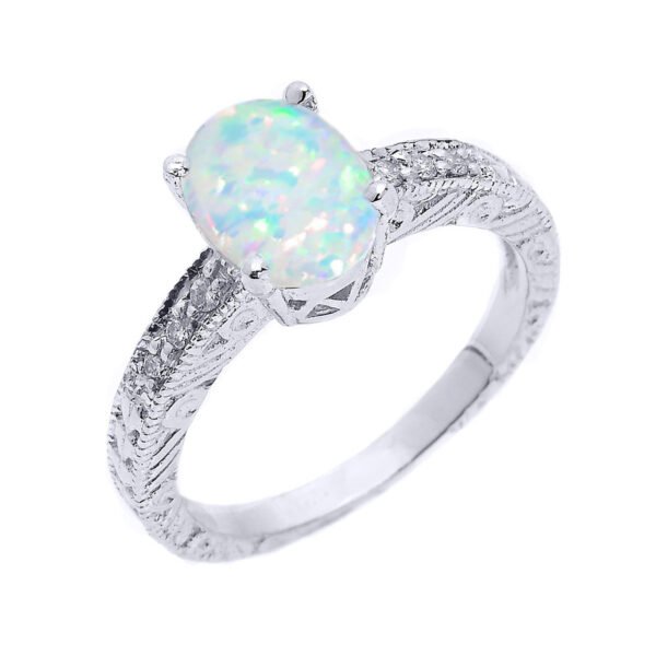 Sterling Silver Art Deco Lab Created Opal And Cz Birthstone Ring