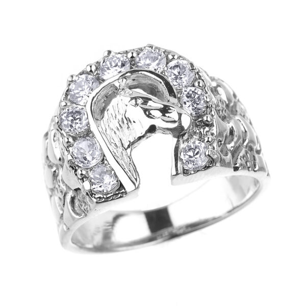 Sterling Silver Nugget Band Horseshoe With Horse Head Cz Men's Ring