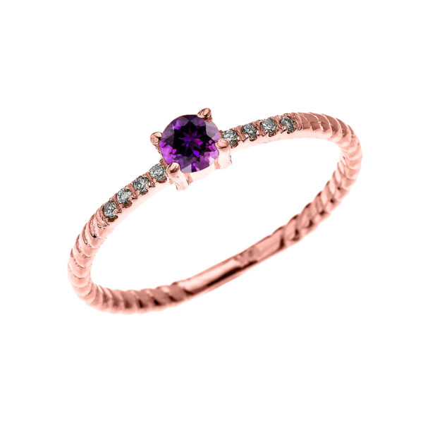 Rose Gold Dainty Solitaire Amethyst And Diamond Rope Design Engagement/Proposal/Stackable Ring