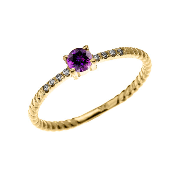 Yellow Gold Dainty Solitaire Amethyst And Diamond Rope Design Engagement/Proposal/Stackable Ring