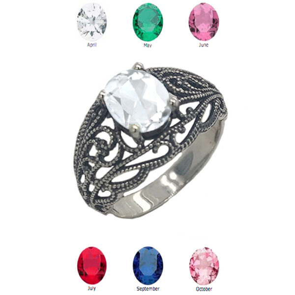 Personalized (Lc) Birthstone Filigree Ring In Oxidized Sterling Silver