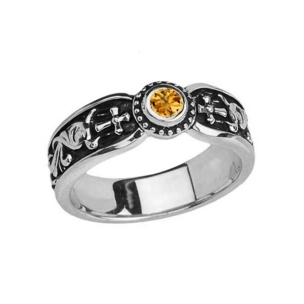 White Gold Citrine Side Way Cross Vintage Solitaire Wedding Band/Ring