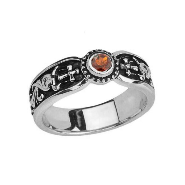 White Gold Garnet Side Way Cross Vintage Solitaire Wedding Band/Ring