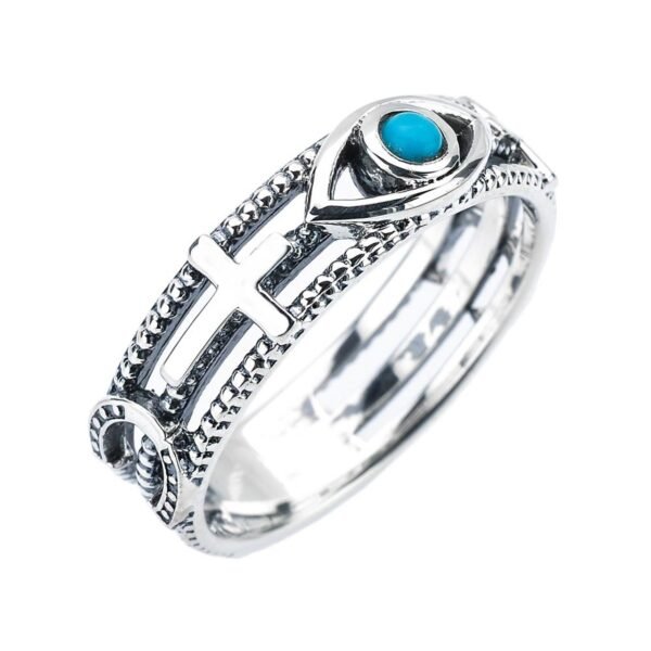 Sterling Silver Milgrain Sideways Cross Turquoise Evil Eye Good Luck Ring