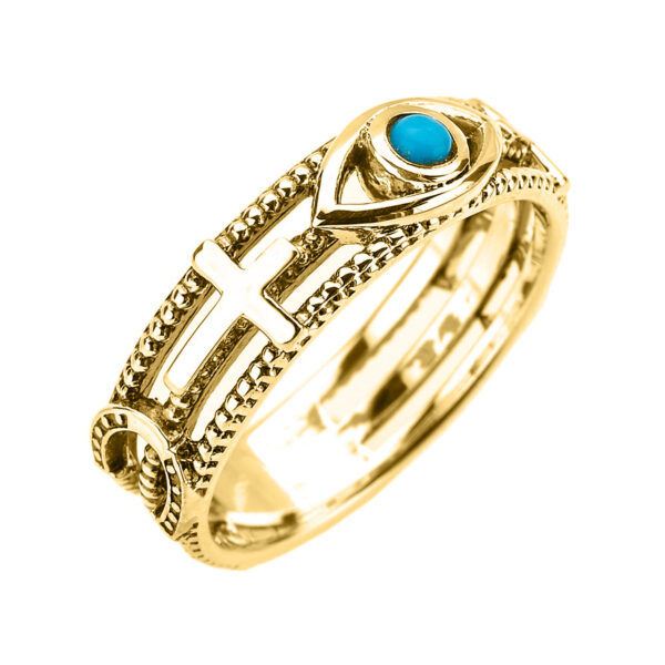 Yellow Gold Milgrain Sideways Cross Turquoise Evil Eye Good Luck Ring