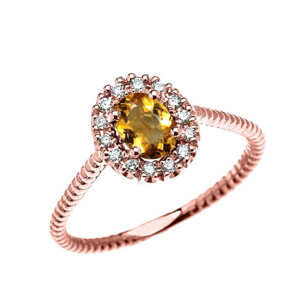 Rose Gold Dainty Halo Diamond And Oval Citrine Solitaire Rope Design Engagement/Promise Ring