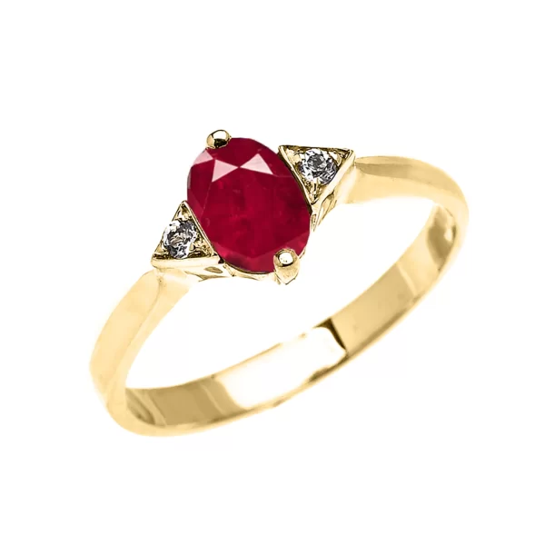 Yellow Gold Solitaire Oval Genuine Ruby And White Topaz Engagement/Promise Ring