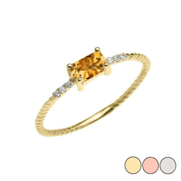 Dainty Solitaire Emerald Cut Citrine And Diamond Rope Design Engagement/Promise Ring In Gold (Yellow/Rose/White)