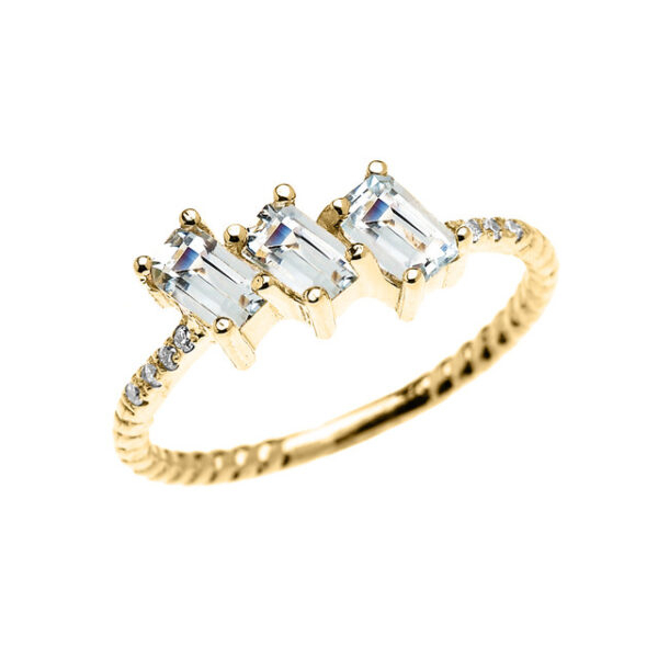 Dainty Yellow Gold Three Stone Emerald Cut Aquamarine And Diamond Rope Design Engagement/Promise Ring