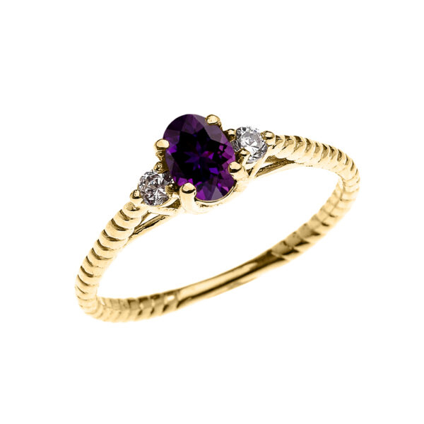 Dainty Yellow Gold Amethyst Solitaire Rope Design Engagement/Promise Ring