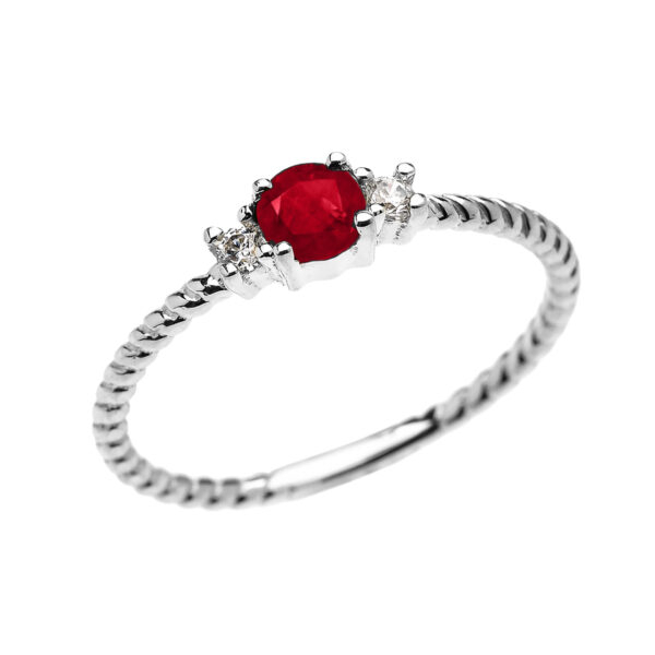 White Gold Dainty Solitaire Ruby And White Topaz Rope Design Promise/Stackable Ring