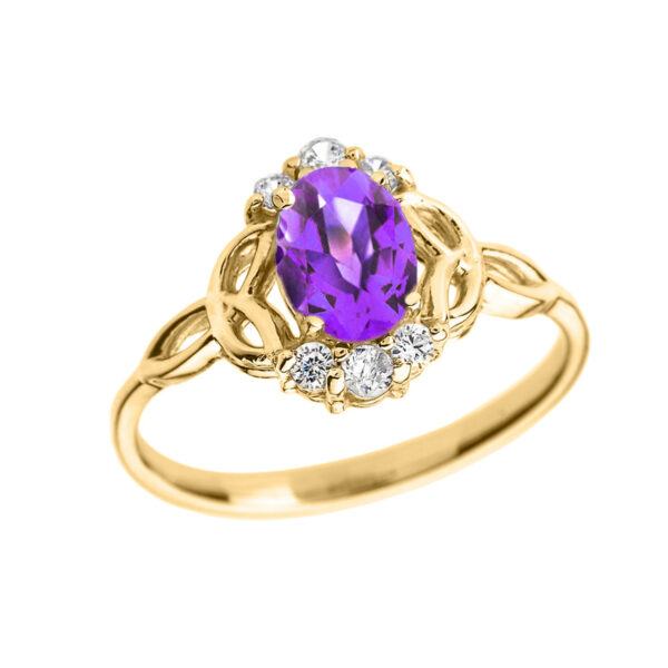 Yellow Gold Genuine Amethyst And Diamond Trinity Knot Proposal Ring