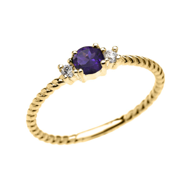 Yellow Gold Dainty Solitaire Amethyst And White Topaz Rope Design Promise/Stackable Ring