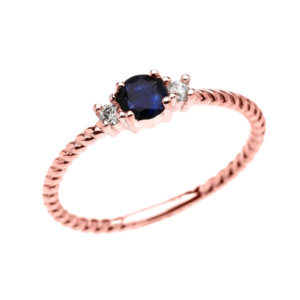 Rose Gold Dainty Solitaire Sapphire And White Topaz Rope Design Promise/Stackable Ring