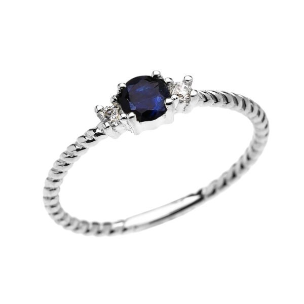 White Gold Dainty Solitaire Sapphire And White Topaz Rope Design Promise/Stackable Ring