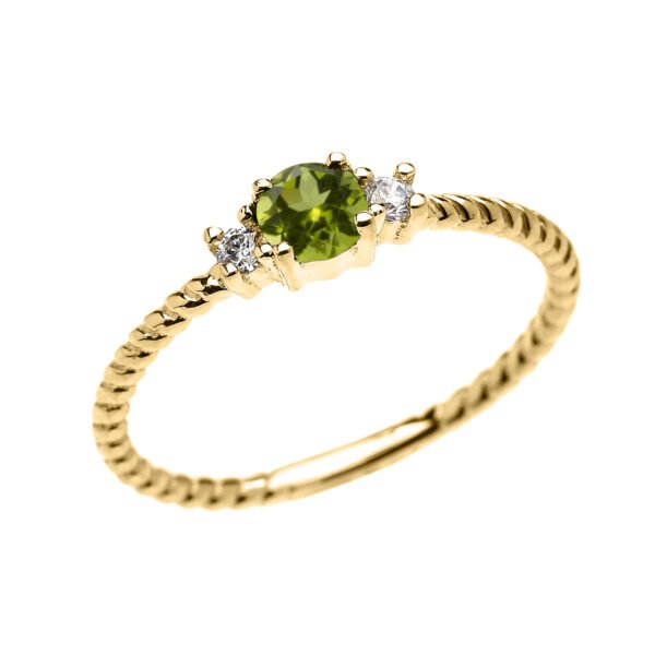 Yellow Gold Dainty Solitaire Peridot And White Topaz Rope Design Promise/Stackable Ring