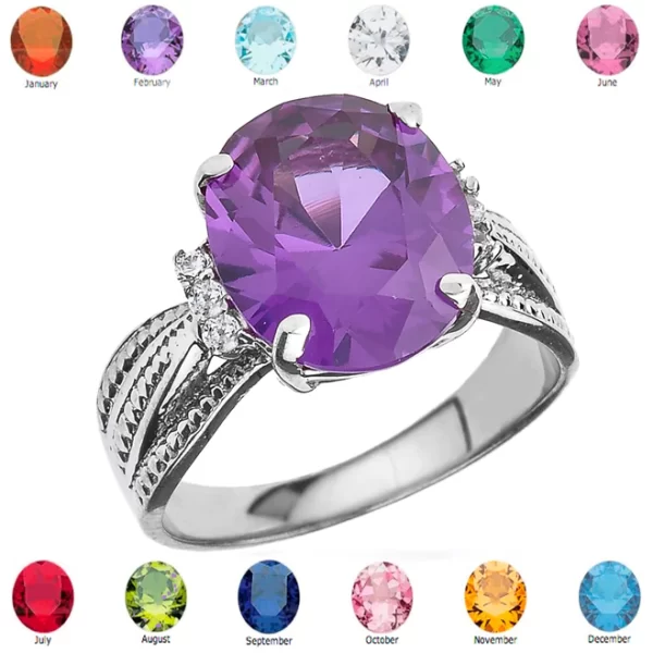 Sterling Silver Diamond And Oval Lab Created Alexandrite Birthstone Engagement Ring