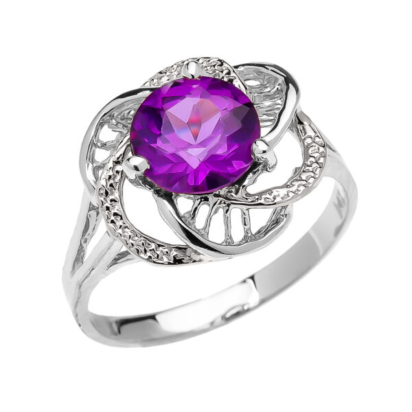 White Gold Amethyst Solitaire Modern Flower Ladies Ring