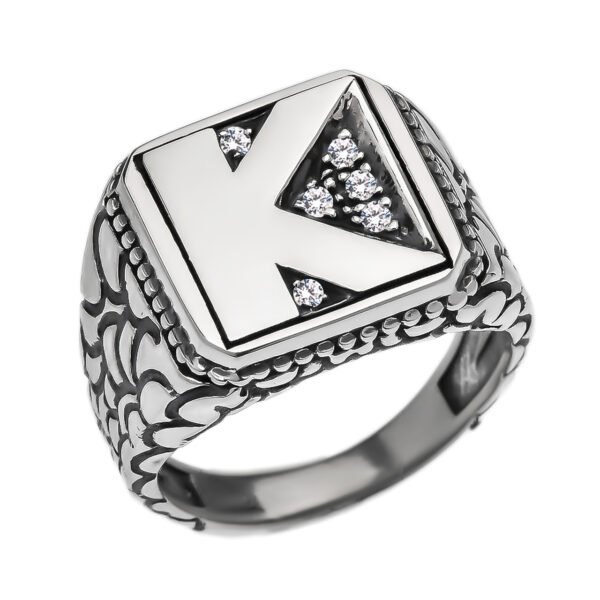 Sterling Silver Cz Men's Initial "K" Nugget Ring