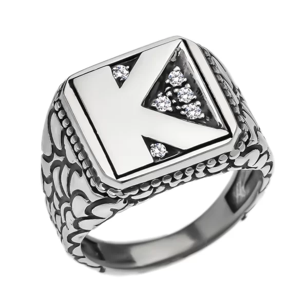 Sterling Silver Cz Men's Initial "K" Nugget Ring