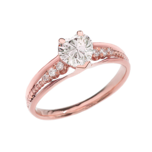 Diamond And April Birthstone White Cz Heart Rose Gold Beaded Proposal Ring