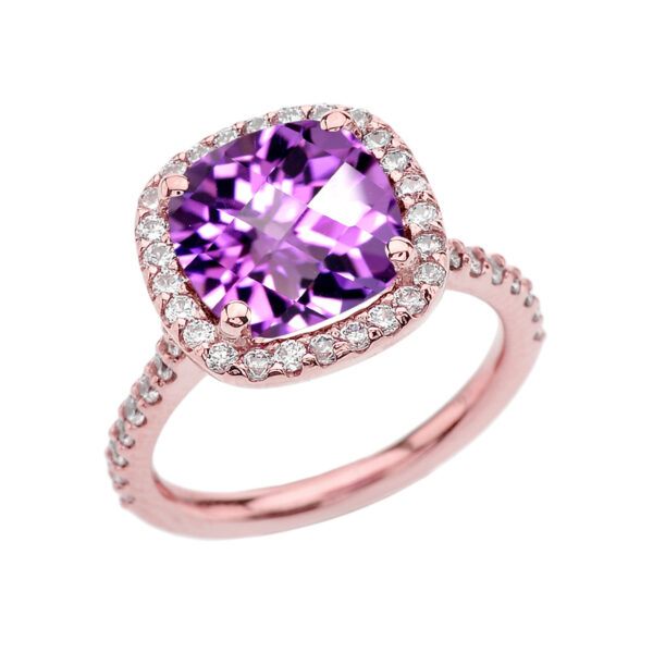 Halo Cushion 5 Ct Checkerboard Amethyst(Lca) And Diamond Rose Gold Engagement And Proposal/Promise Ring