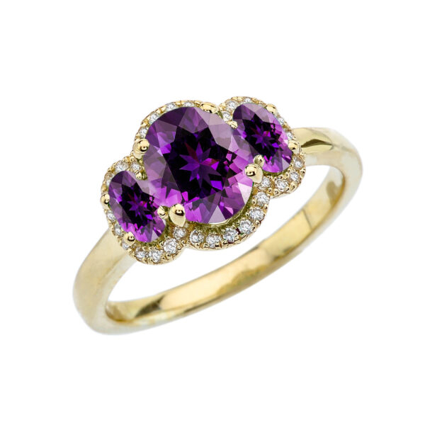 Three-Stone February Birthstone With Diamond Halo Engagement Ring In Yellow Gold