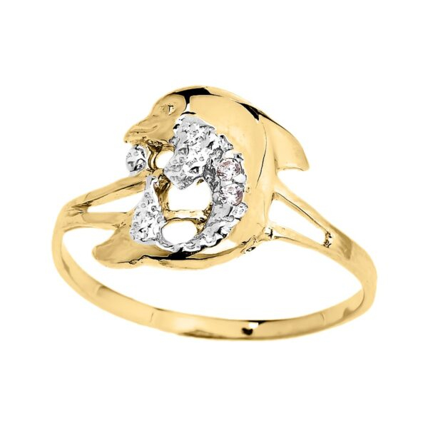 Dainty Yellow Gold Cz Dolphin Ring